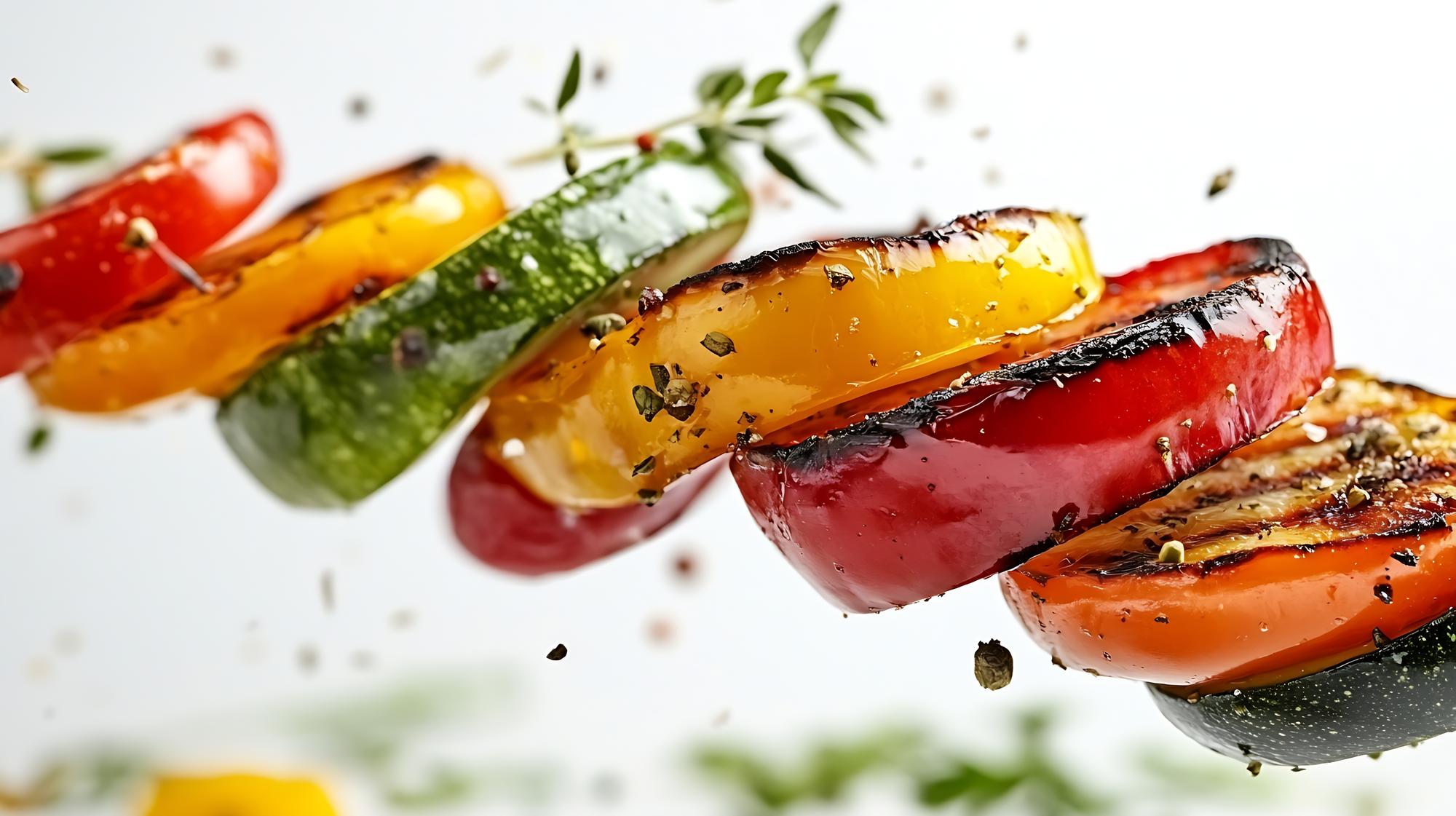 Close-up of grilled vegetables and herbs